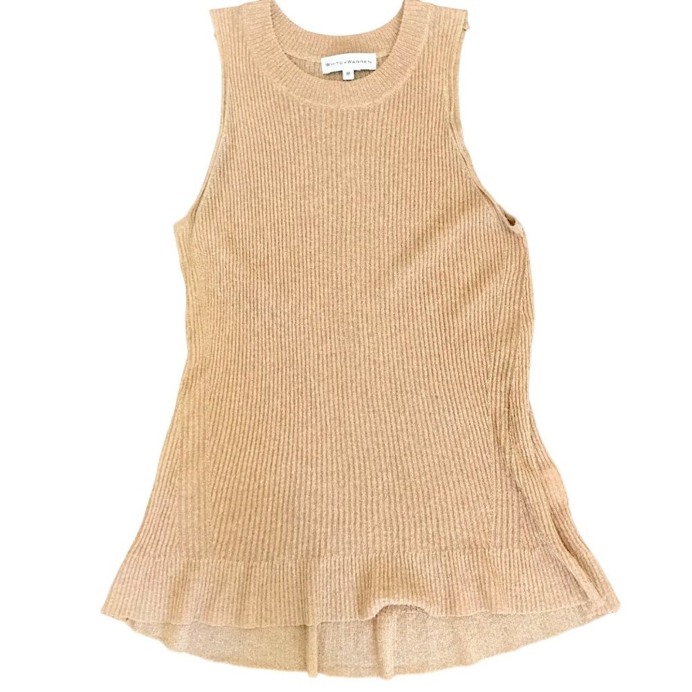 White + Warren Women's Gold Threaded Ribbed Tank Top Size M Designer Neutral